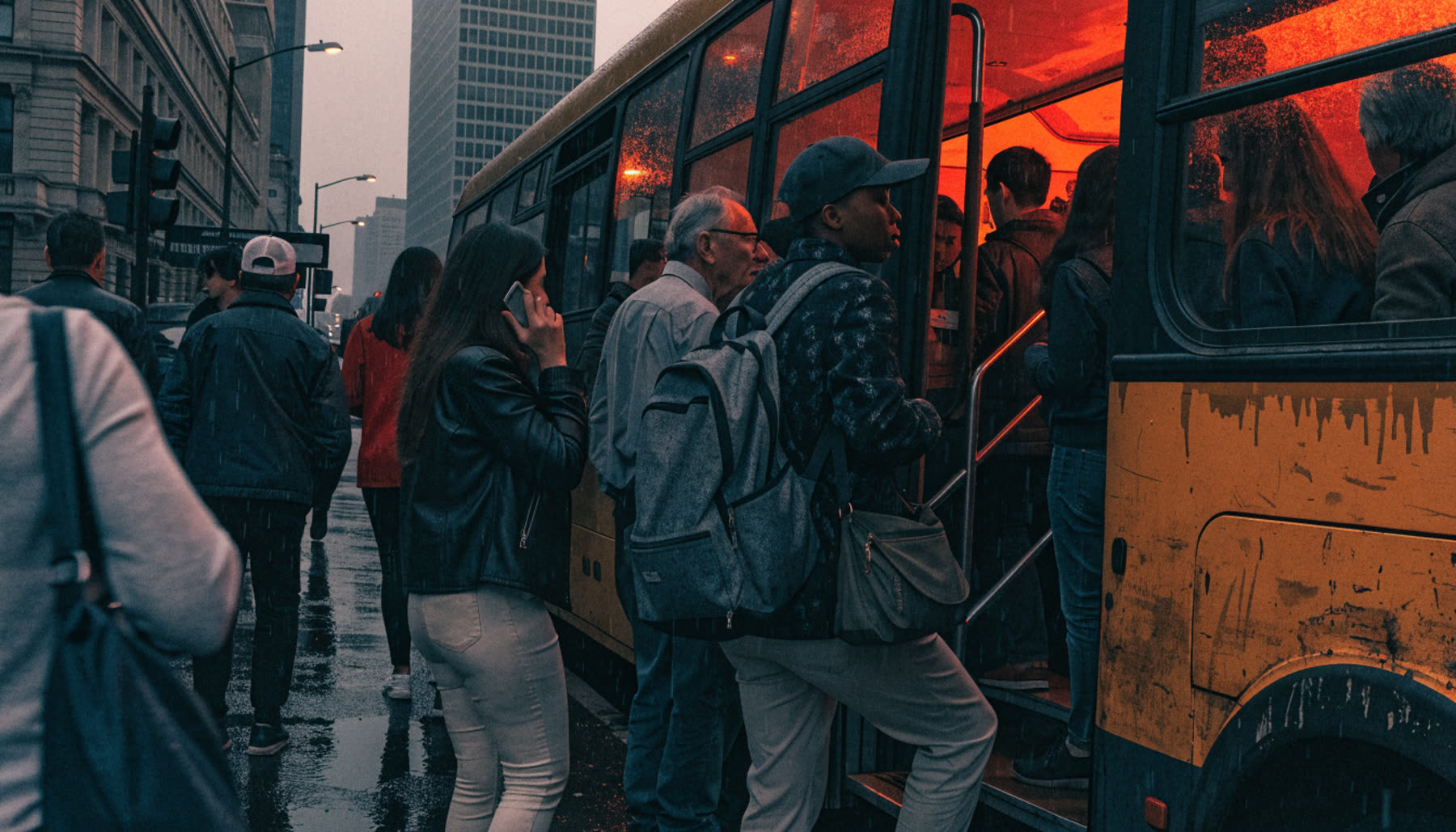 Commuters boarding a city bus in the rain